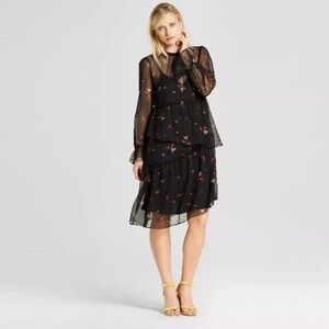 EUC Who What Wear Black Floral Asymmetrical Long Sleeve Ruffle Dress Small